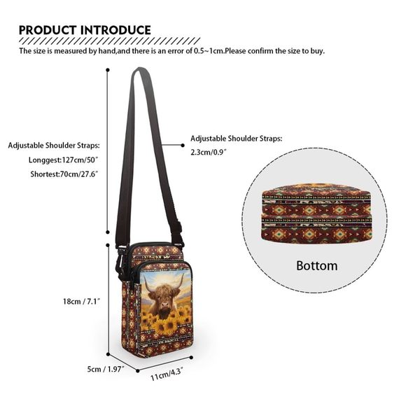 Boho Sunflower Cow Cell Phone Purse Wallet Canvas Small Crossbody Purse Bags c: - Picture 6 of 7